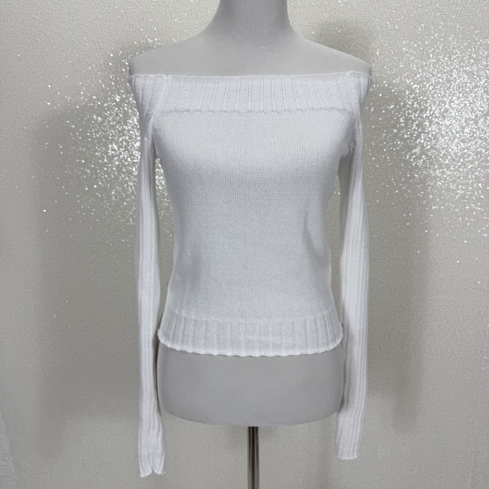 Forever 21 White Off Shoulder Ribbed Knit Long Sleeve Top Size L Stretch Fitted